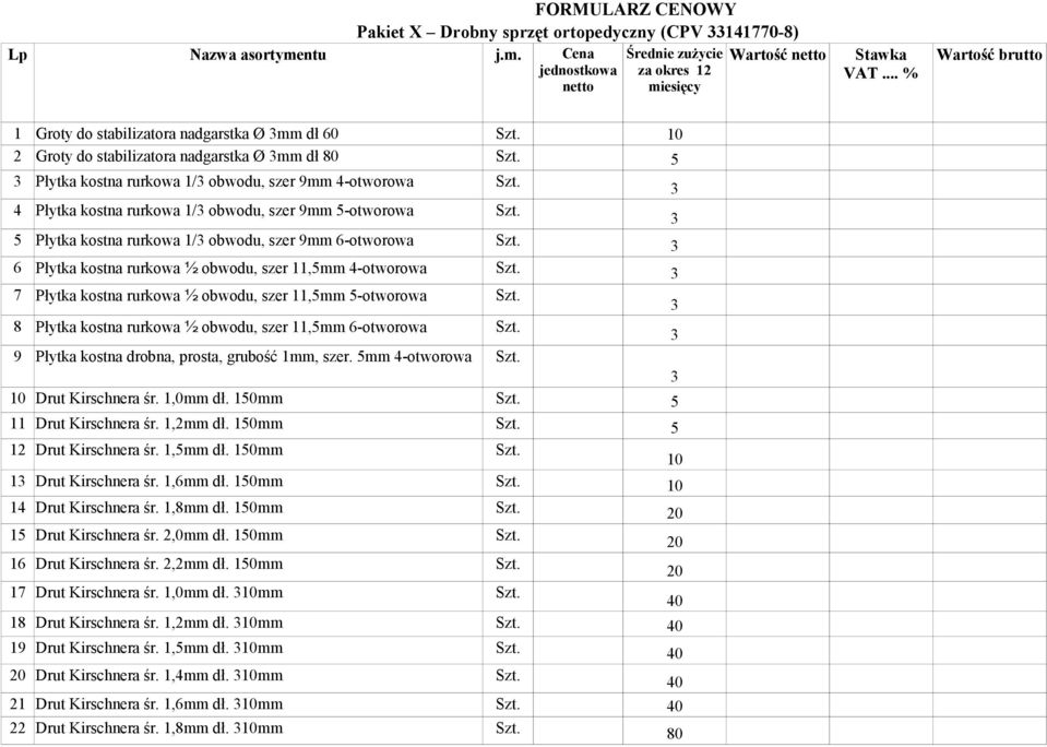 rurkowa 1/3 obwodu, szer 9mm 5-otworowa 3 5 Płytka kostna rurkowa 1/3 obwodu, szer 9mm 6-otworowa 3 6 Płytka kostna rurkowa ½ obwodu, szer 11,5mm 4-otworowa 3 7 Płytka kostna rurkowa ½ obwodu, szer