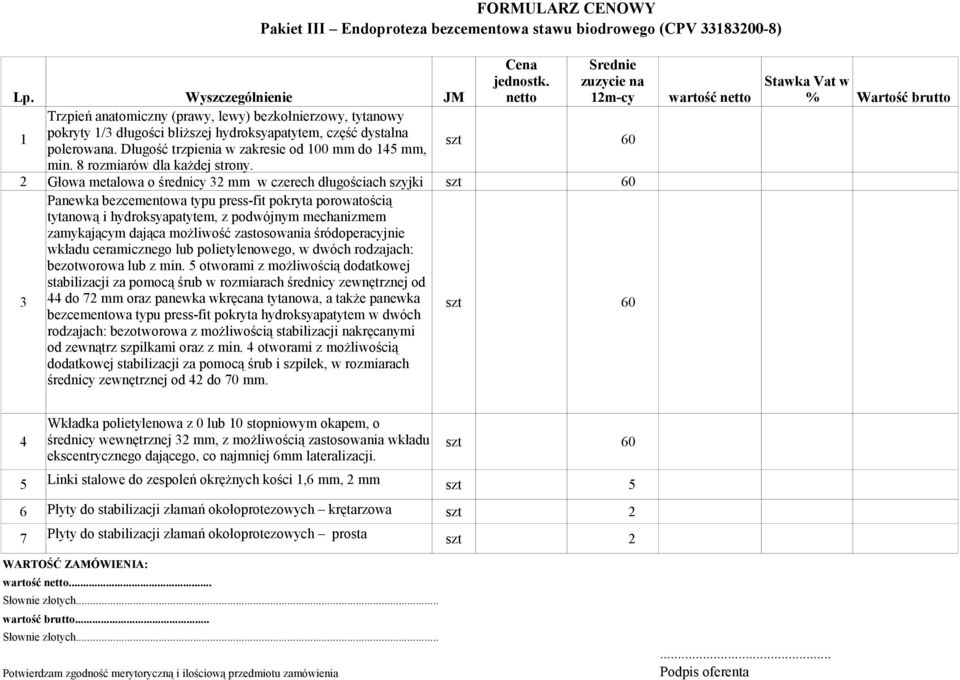 Długość trzpienia w zakresie od 100 mm do 145 mm, szt 60 min. 8 rozmiarów dla każdej strony.