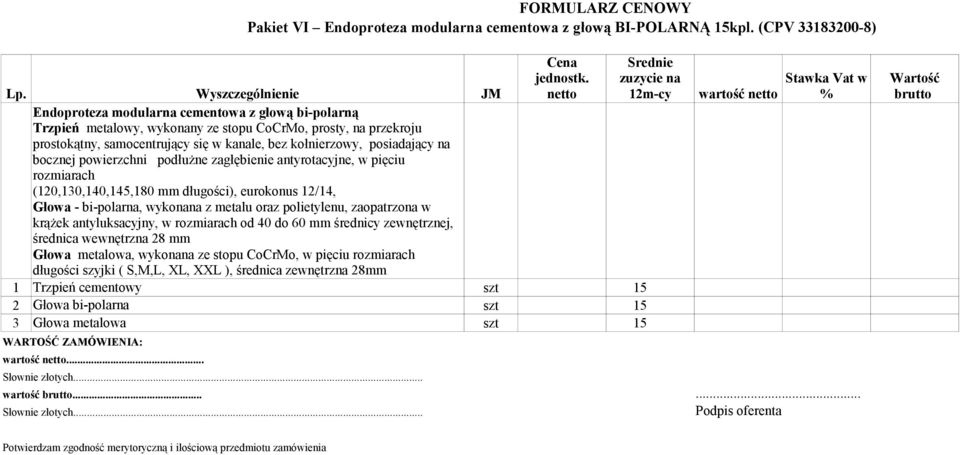 kanale, bez kołnierzowy, posiadający na bocznej powierzchni podłużne zagłębienie antyrotacyjne, w pięciu rozmiarach (120,130,140,145,180 mm długości), eurokonus 12/14, Głowa - bi-polarna, wykonana z