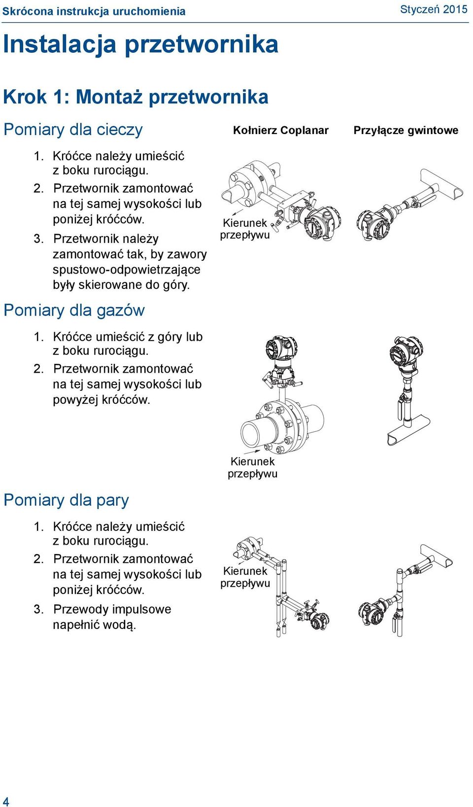 Przetwornik należy zamontować tak, by zawory spustowo-odpowietrzające były skierowane do góry. Pomiary dla gazów Flow Kierunek przepływu 1.