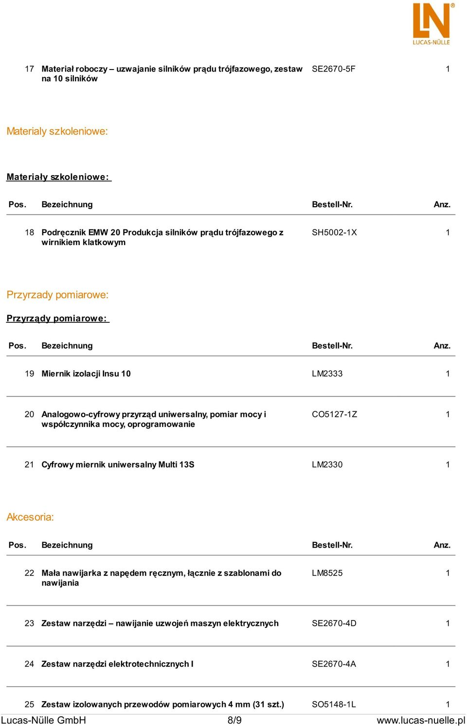 oprogramowanie CO5127-1Z 1 21 Cyfrowy miernik uniwersalny Multi 13S LM2330 1 Akcesoria: 22 Mała nawijarka z napędem ręcznym, łącznie z szablonami do nawijania LM8525 1 23 Zestaw narzędzi nawijanie