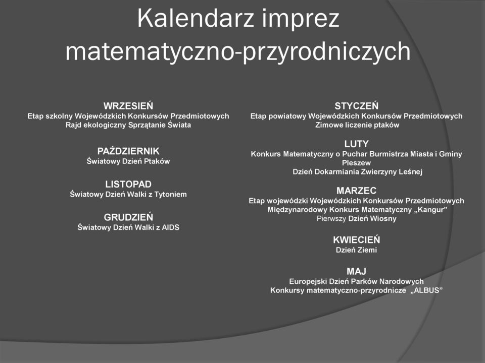 ptaków LUTY Konkurs Matematyczny o Puchar Burmistrza Miasta i Gminy Pleszew Dzień Dokarmiania Zwierzyny Leśnej MARZEC Etap wojewódzki Wojewódzkich Konkursów