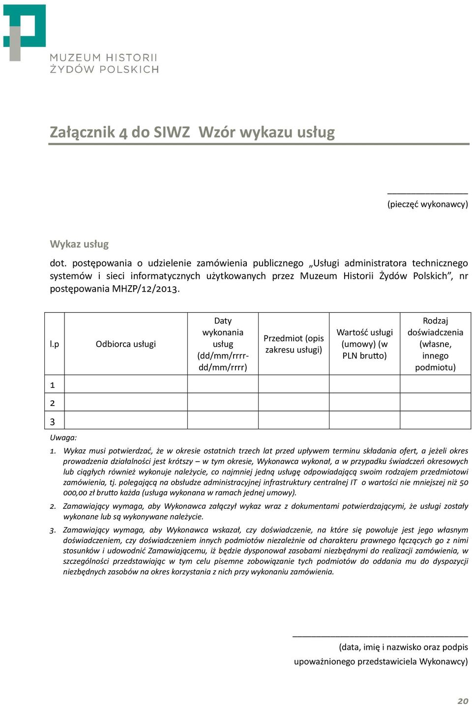 p 2 0 Uwaga: Odbiorca usługi Daty wykonania usług (dd/mm/rrrrdd/mm/rrrr) Przedmiot (opis zakresu usługi) Wartość usługi (umowy) (w PLN bruno) Rodzaj doświadczenia (własne, innego podmiotu).