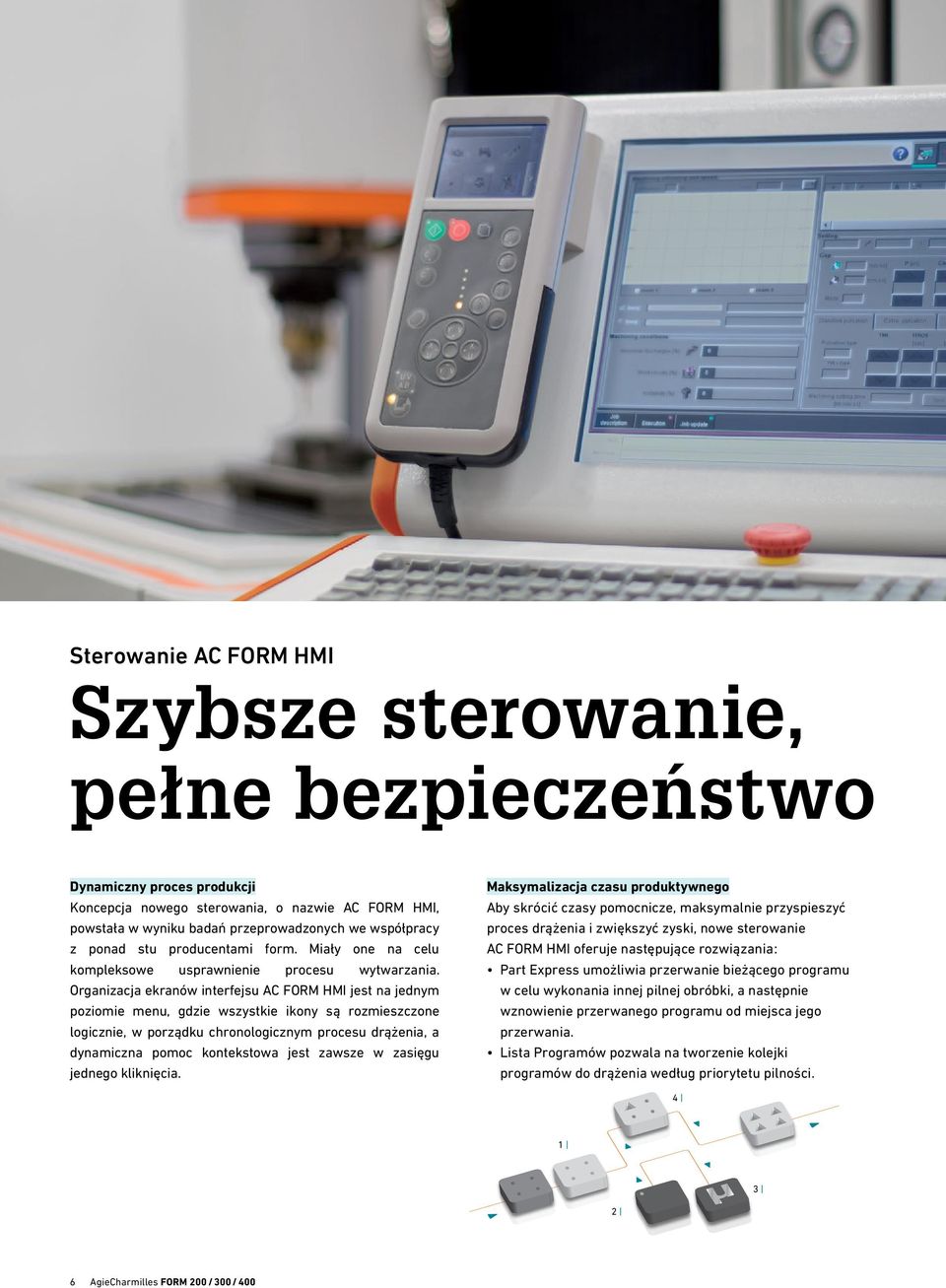 Organizacja ekranów interfejsu AC FORM HMI jest na jednym poziomie menu, gdzie wszystkie ikony są rozmieszczone logicznie, w porządku chronologicznym procesu drążenia, a dynamiczna pomoc kontekstowa