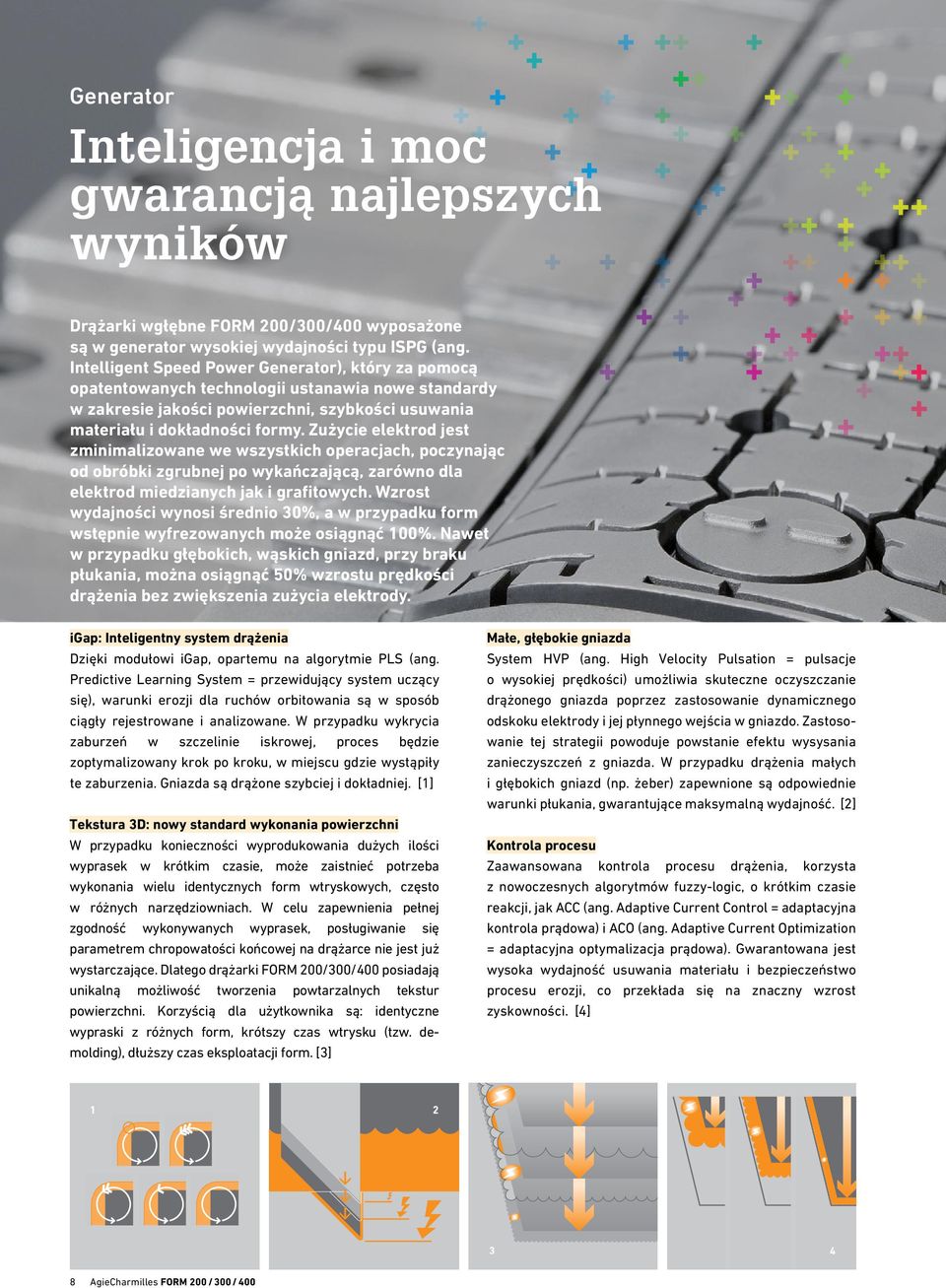 Zużycie elektrod jest zminimalizowane we wszystkich operacjach, poczynając od obróbki zgrubnej po wykańczającą, zarówno dla elektrod miedzianych jak i grafitowych.