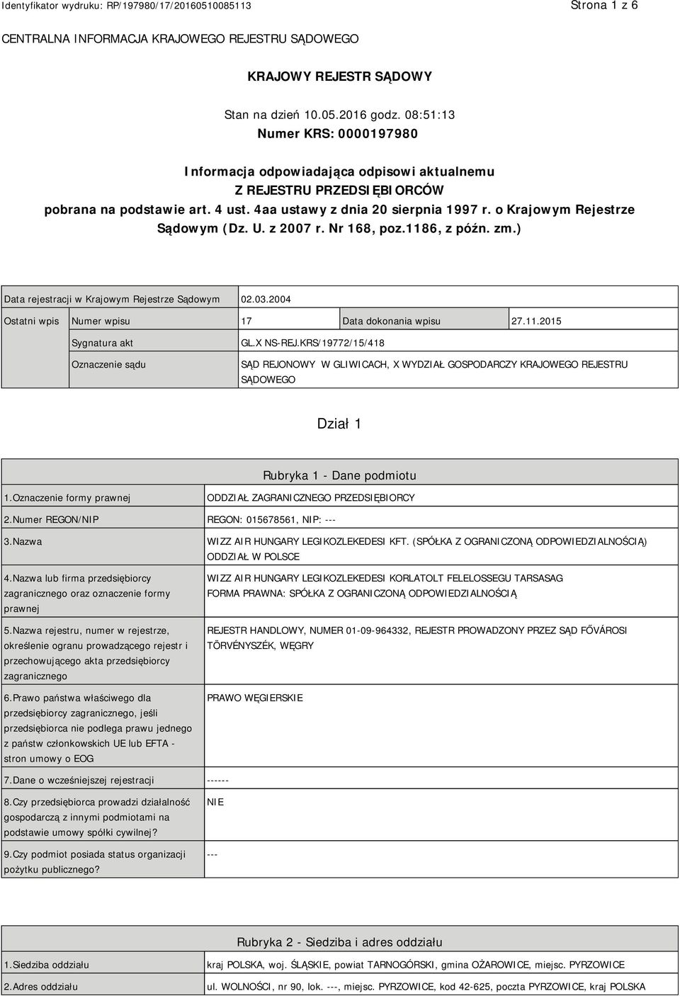 o Krajowym Rejestrze Sądowym (Dz. U. z 2007 r. Nr 168, poz.1186, z późn. zm.) Data rejestracji w Krajowym Rejestrze Sądowym 02.03.2004 Ostatni wpis Numer wpisu 17 Data dokonania wpisu 27.11.2015 Sygnatura akt Oznaczenie sądu GL.