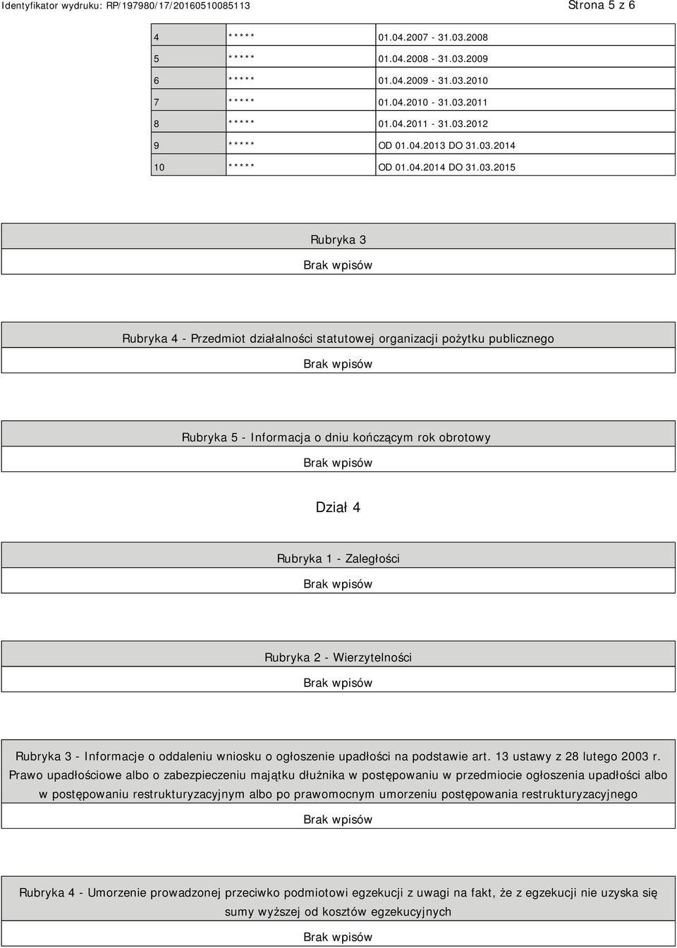 2015 Rubryka 3 Rubryka 4 - Przedmiot działalności statutowej organizacji pożytku publicznego Rubryka 5 - Informacja o dniu kończącym rok obrotowy Dział 4 Rubryka 1 - Zaległości Rubryka 2 -