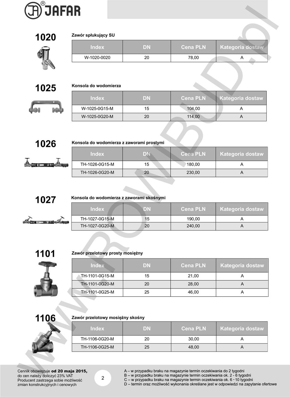 skośnymi Index DN Cena PLN TH-1027-0G15-M 15 190,00 A TH-1027-0G20-M 20 240,00 A 1101 Zawór przelotowy prosty mosiężny Index DN Cena PLN TH-1101-0G15-M 15 21,00