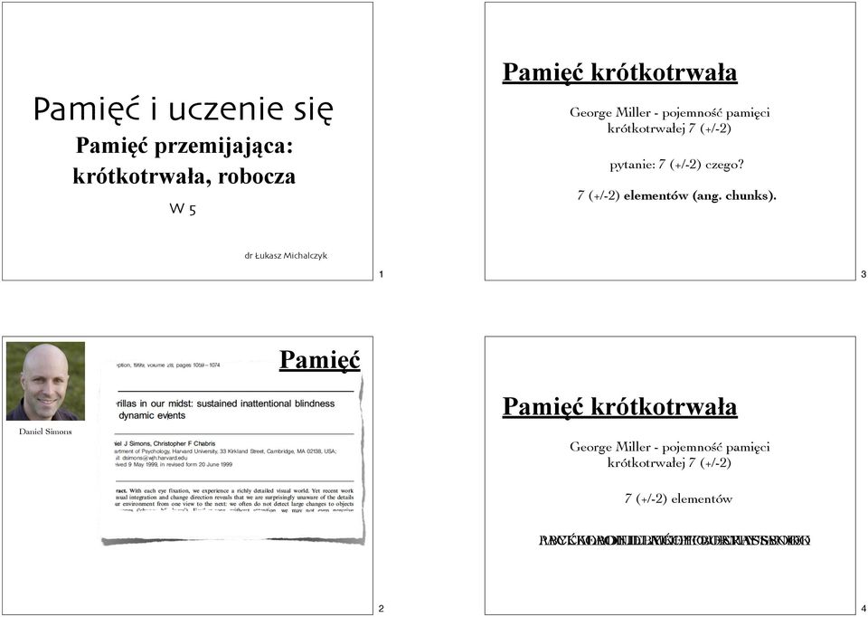 dr Łukasz Michalczyk 1 3 Pamięć Daniel Simons Pamięć krótkotrwała George Miller - pojemność pamięci