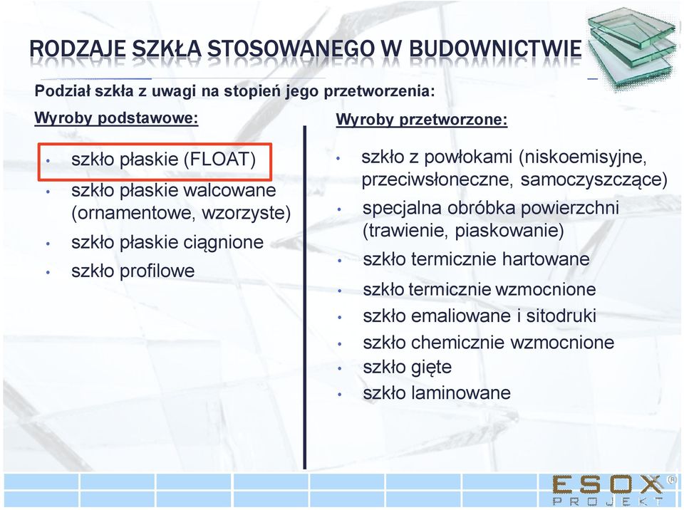 szkło z powłokami (niskoemisyjne, przeciwsłoneczne, samoczyszczące) specjalna obróbka powierzchni (trawienie, piaskowanie)