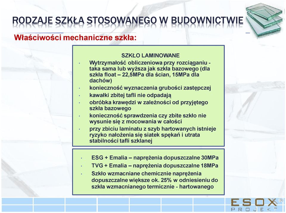 sprawdzenia czy zbite szkło nie wysunie się z mocowania w całości przy zbiciu laminatu z szyb hartowanych istnieje ryzyko nałożenia się siatek spękań i utrata stabilności tafli szklanej ESG +