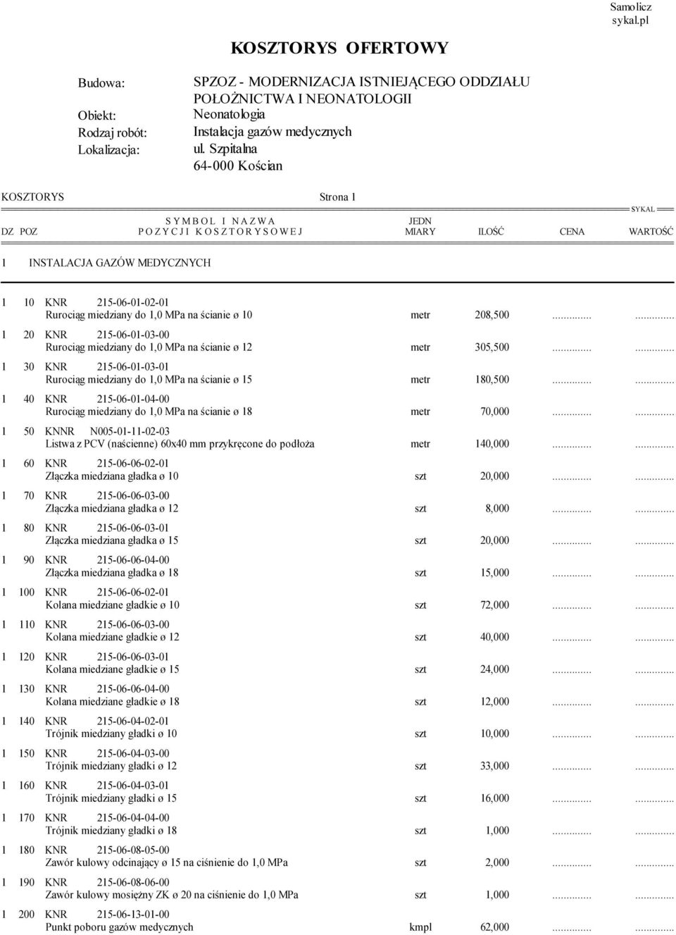 ..... 1 30 KNR 215-06-01-03-01 Rurociąg miedziany do 1,0 MPa na ścianie ø 15 metr 180,500...... 1 40 KNR 215-06-01-04-00 Rurociąg miedziany do 1,0 MPa na ścianie ø 18 metr 70,000.