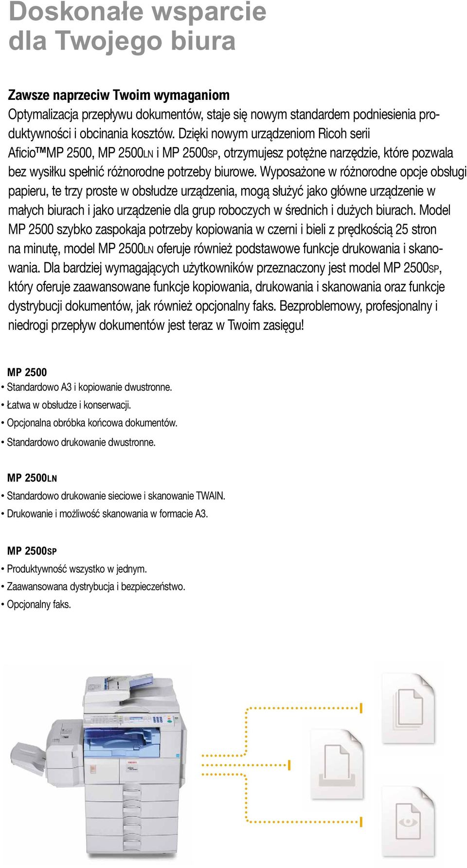 Wyposażone w różnorodne opcje obsługi papieru, te trzy proste w obsłudze urządzenia, mogą służyć jako główne urządzenie w małych biurach i jako urządzenie dla grup roboczych w średnich i dużych