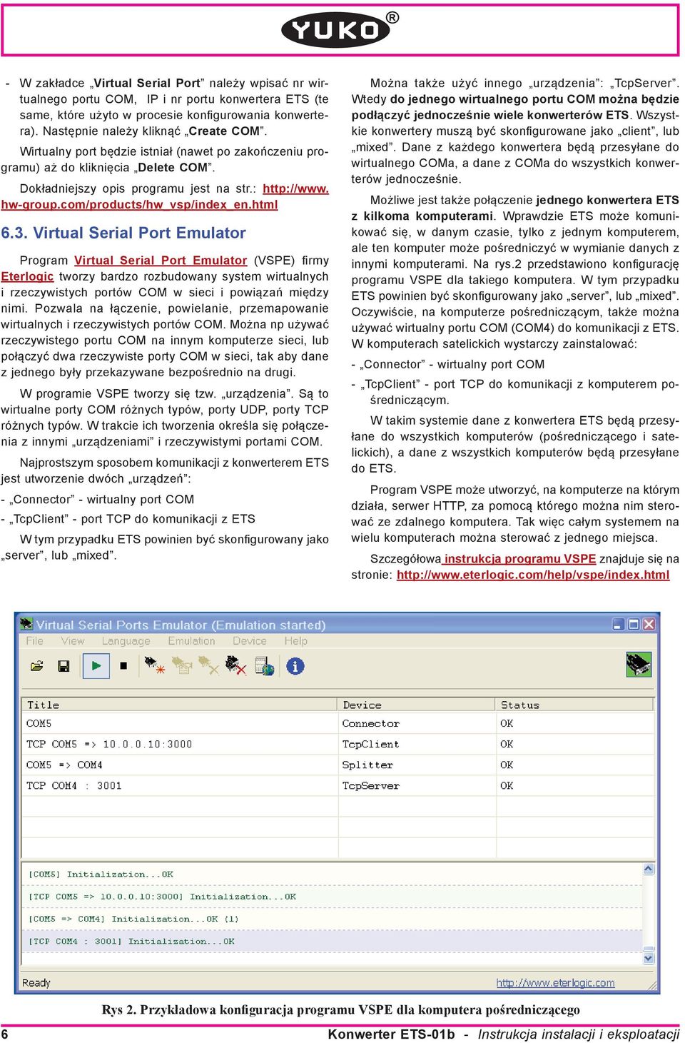 Virtual Serial Port Emulator Program Virtual Serial Port Emulator (VSPE) firmy Eterlogic tworzy bardzo rozbudowany system wirtualnych i rzeczywistych portów COM w sieci i powiązań między nimi.