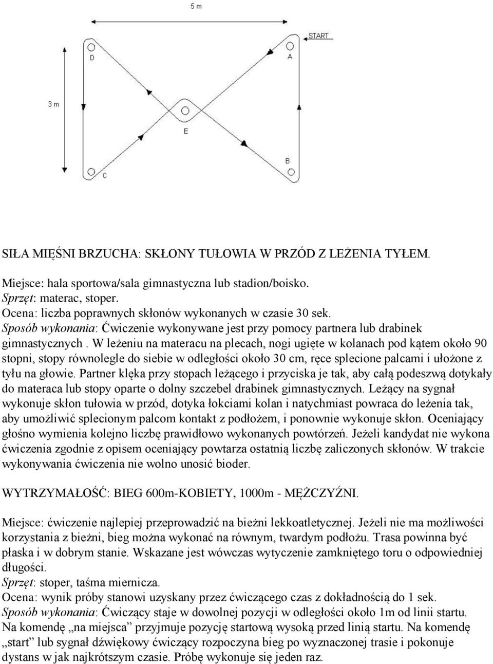 W leżeniu na materacu na plecach, nogi ugięte w kolanach pod kątem około 90 stopni, stopy równolegle do siebie w odległości około 30 cm, ręce splecione palcami i ułożone z tyłu na głowie.