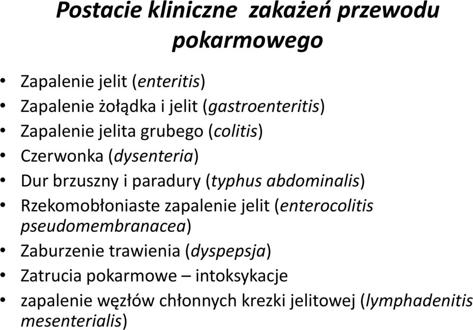 (typhus abdominalis) Rzekomobłoniaste zapalenie jelit (enterocolitis pseudomembranacea) Zaburzenie
