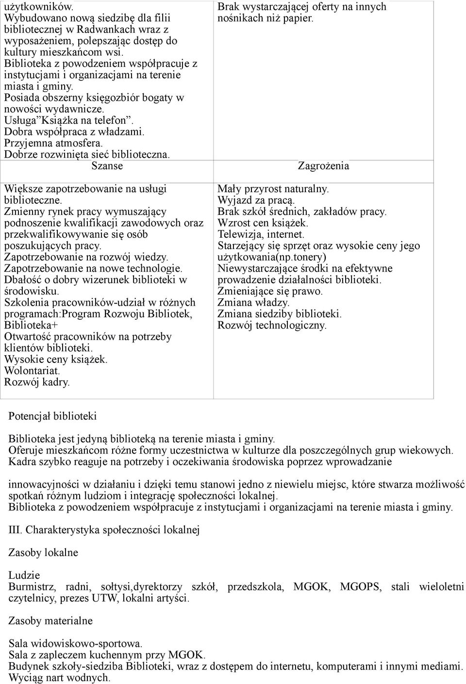 Dobra współpraca z władzami. Przyjemna atmosfera. Dobrze rozwinięta sieć biblioteczna. Szanse Większe zapotrzebowanie na usługi biblioteczne.