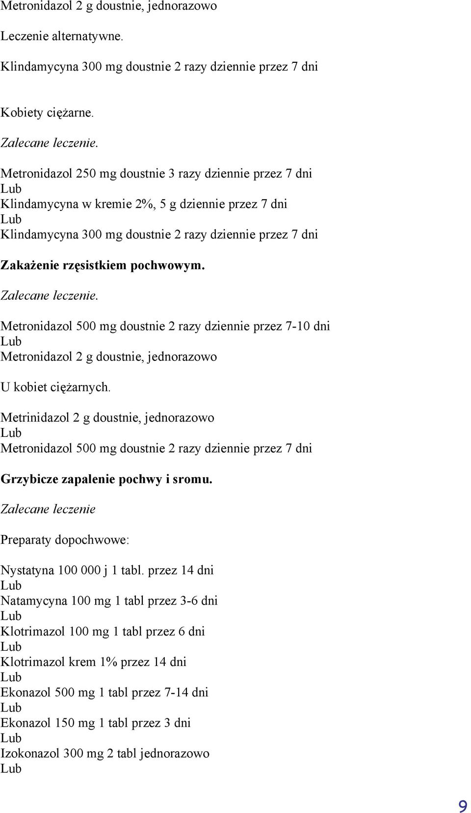 Zalecane leczenie. Metronidazol 500 mg doustnie 2 razy dziennie przez 7-10 dni Metronidazol 2 g doustnie, jednorazowo U kobiet ciężarnych.