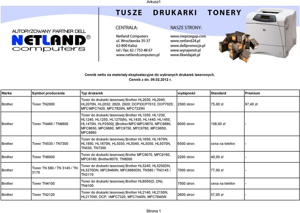 MFC7225N 2500 stron 75,00 zł 97,40 zł Toner TN460 / TN6600 Toner do drukarki laserowej HL1030, HL1230, HL1240, HL1250, HL1270(N), HL1430, HL1440, HL1450, HL1470N, HLP2500]; [/MFC\MFC9870, MFC9880,