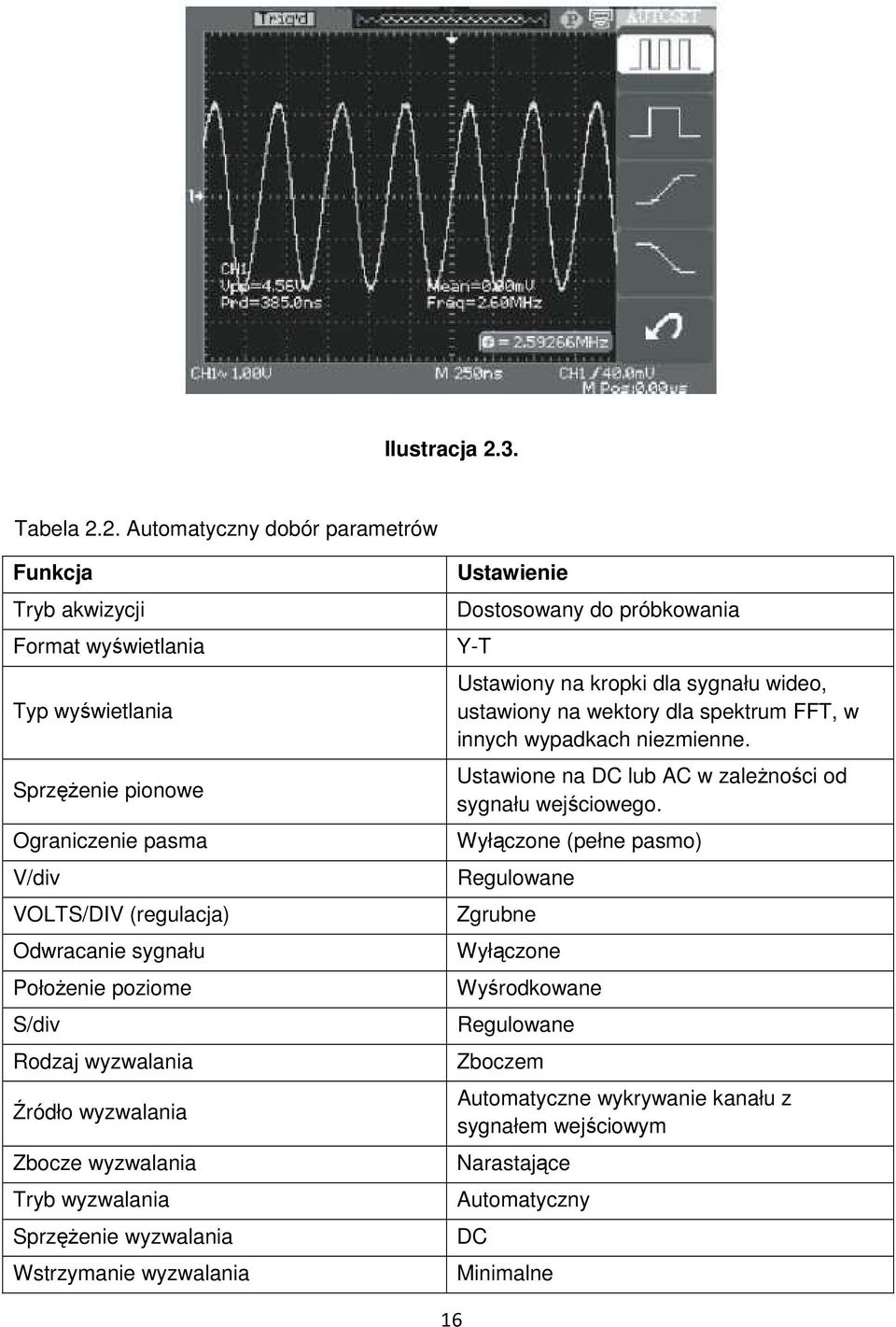 2. Automatyczny dobór parametrów Funkcja Tryb akwizycji Format wyświetlania Typ wyświetlania Sprzężenie pionowe Ograniczenie pasma V/div VOLTS/DIV (regulacja) Odwracanie sygnału