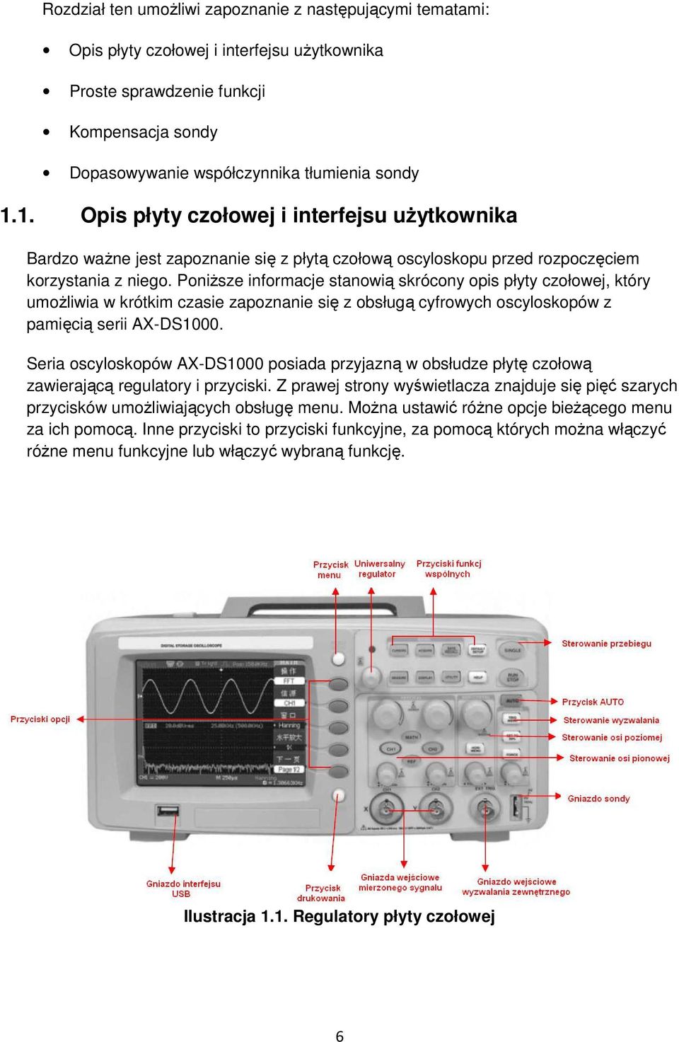 Poniższe informacje stanowią skrócony opis płyty czołowej, który umożliwia w krótkim czasie zapoznanie się z obsługą cyfrowych oscyloskopów z pamięcią serii AX-DS1000.