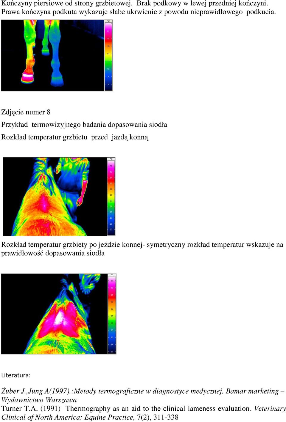 symetryczny rozkład temperatur wskazuje na prawidłowość dopasowania siodła Literatura: śuber J.,Jung A(1997).:Metody termograficzne w diagnostyce medycznej.