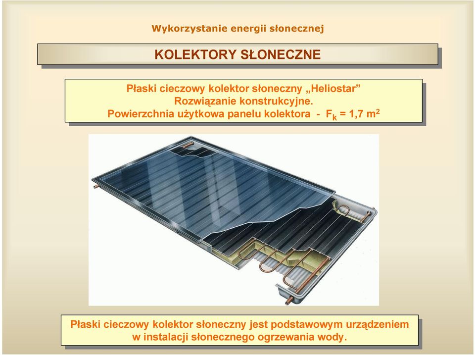 Powierzchnia Powierzchnia użytkowa użytkowa panelu panelu kolektora kolektora F k = k 1,7 1,7 m 2 2 Płaski Płaski
