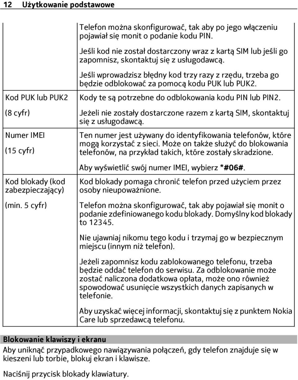 5 cyfr) Jeśli wprowadzisz błędny kod trzy razy z rzędu, trzeba go będzie odblokować za pomocą kodu PUK lub PUK2. Kody te są potrzebne do odblokowania kodu PIN lub PIN2.