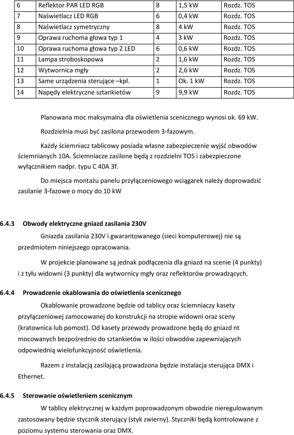 TOS 14 Napędy elektryczne sztankietów 9 9,9 kw Rozdz. TOS Planowana moc maksymalna dla oświetlenia scenicznego wynosi ok. 69 kw. Rozdzielnia musi być zasilona przewodem 3-fazowym.