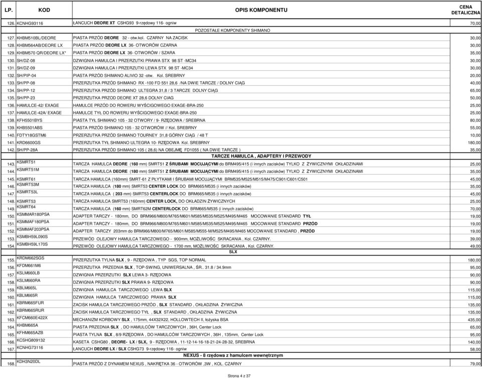 SH/DZ-08 DZWIGNIA HAMULCA I PRZERZUTKI PRAWA STX 98 ST -MC34 30,00 131. SH/DZ-09 DZWIGNIA HAMULCA I PRZERZUTKI LEWA STX 98 ST -MC34 30,00 132. SH/PIP-04 PIASTA PRZÓD SHIMANO ALIVIO 32 -otw. Kol.