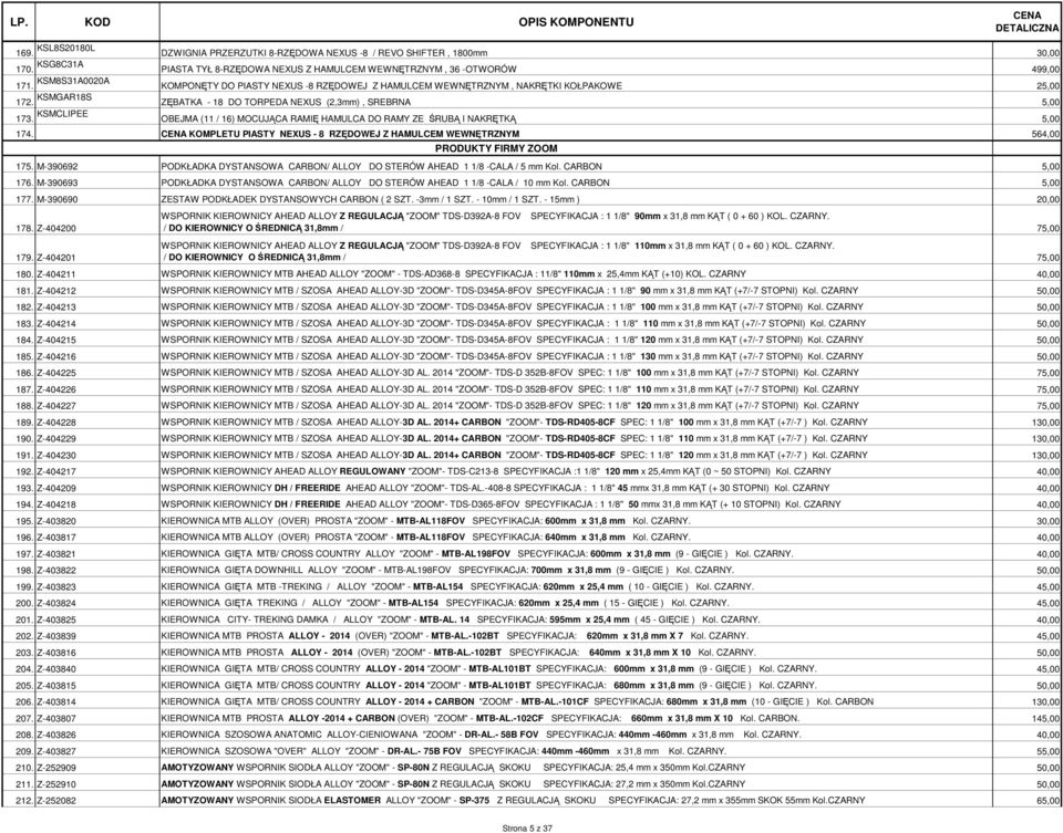 KSMCLIPEE OBEJMA (11 / 16) MOCUJĄCA RAMIĘ HAMULCA DO RAMY ZE ŚRUBĄ I NAKRĘTKĄ 5,00 174. KOMPLETU PIASTY NEXUS - 8 RZĘDOWEJ Z HAMULCEM WEWNĘTRZNYM 564,00 175.