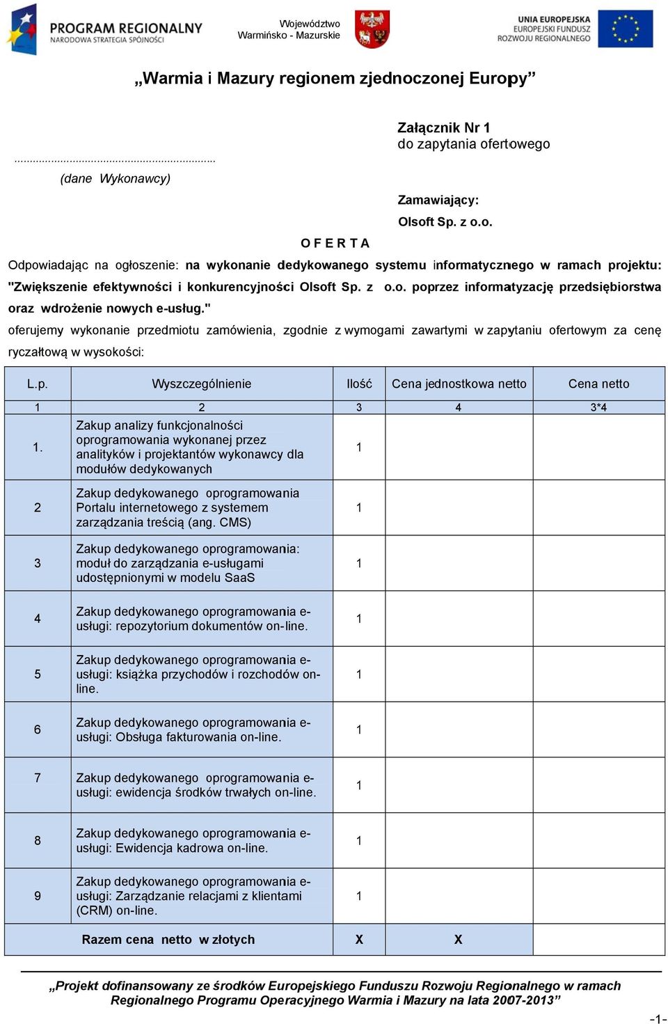 " " oferujemy wykonanie przedmiotu zamówienia, z zgodnie z wymogami zawartymi w zapytaniu ofertowym za cenęę ryczałtową w wysokości: L.p. Wyszczególnienie Ilość Cena jednostkowa netto Cena netto.