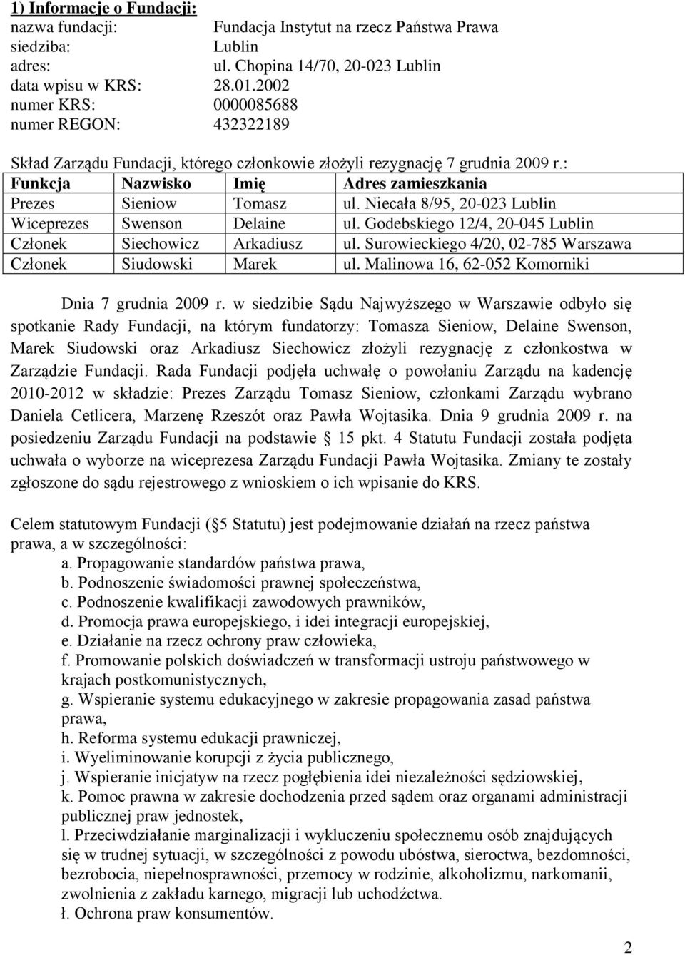 Niecała 8/95, 20-023 Lublin Wiceprezes Swenson Delaine ul. Godebskiego 12/4, 20-045 Lublin Członek Siechowicz Arkadiusz ul. Surowieckiego 4/20, 02-785 Warszawa Członek Siudowski Marek ul.