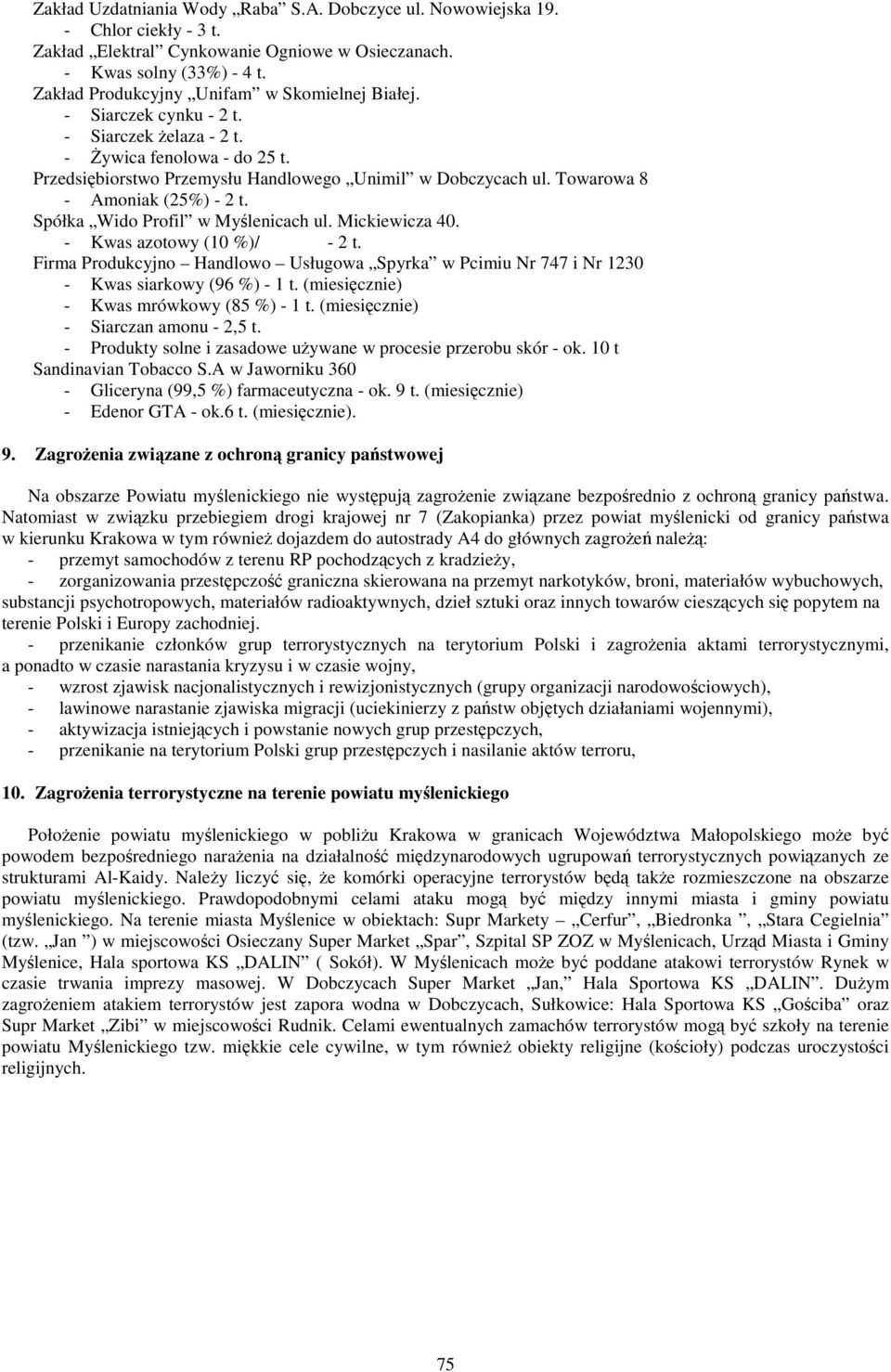 Towarowa 8 - Amoniak (25%) - 2 t. Spółka Wido Profil w Myślenicach ul. Mickiewicza 40. - Kwas azotowy (10 %)/ - 2 t.