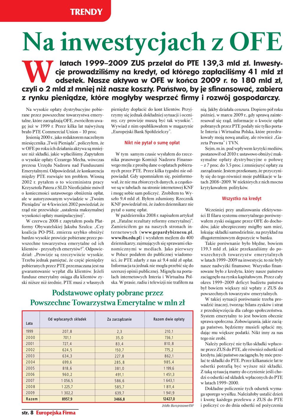 Na wysokie opłaty dystrybucyjne pobierane przez powszechne towarzystwa emerytalne, które zarządzają OFE, zwróciłem uwagę już w 1999 r. Przez kilka lat najwyższą brało PTE Commercial Union 10 proc.