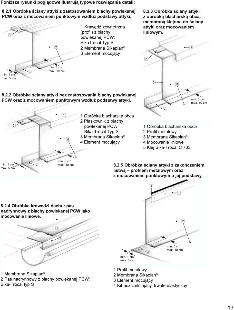 z obróbk¹ blacharsk¹ obc¹, membran¹ klejon¹ do œciany KrawêdŸ zewnêtrzna attyki oraz mocowaniem (profil) z blachy liniowym. powlekanej PCW: SikaTrocal Typ S Membrana Sikaplan Element mocuj¹cy min.