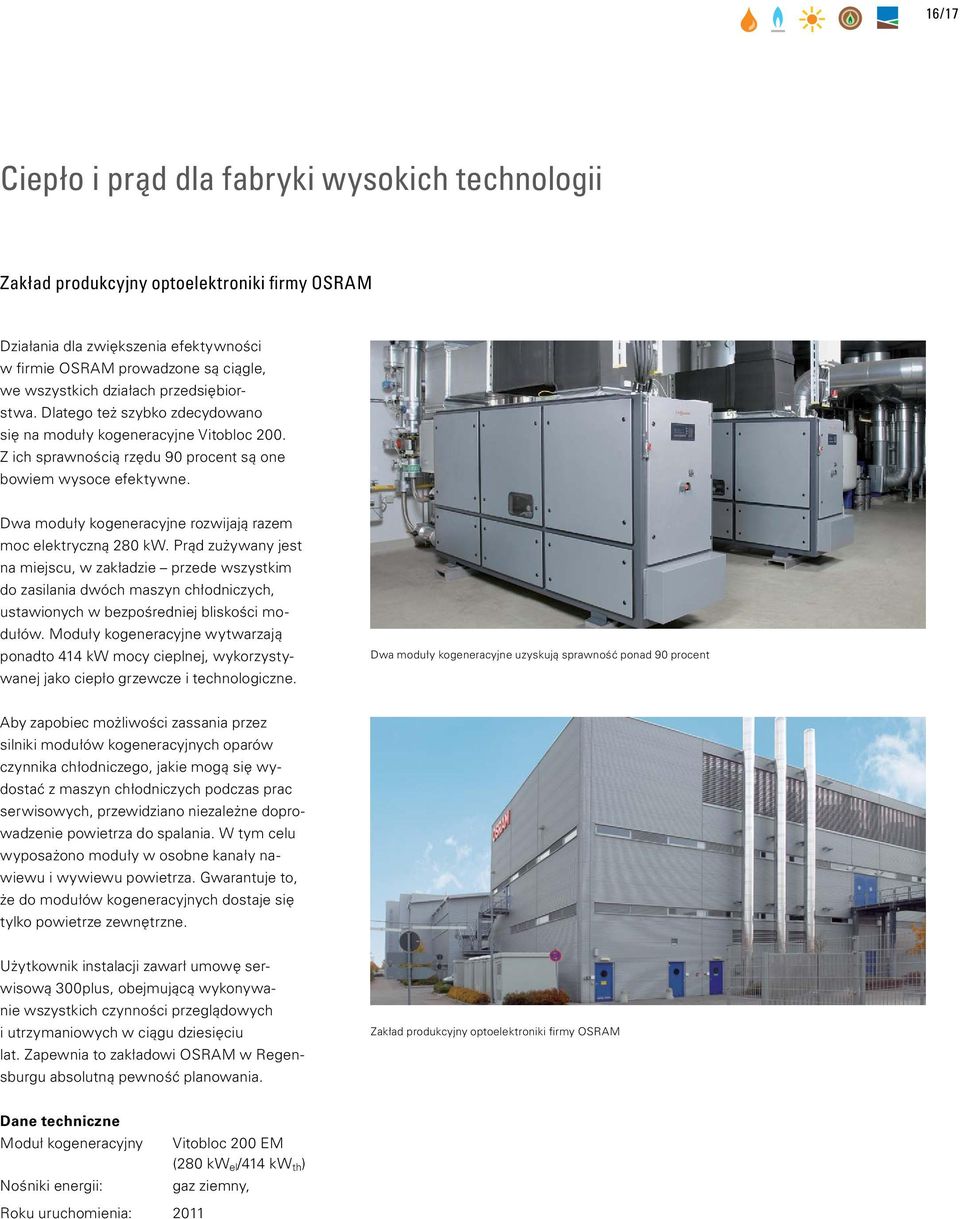 Dwa moduły kogeneracyjne rozwijają razem moc elektryczną 280 kw.