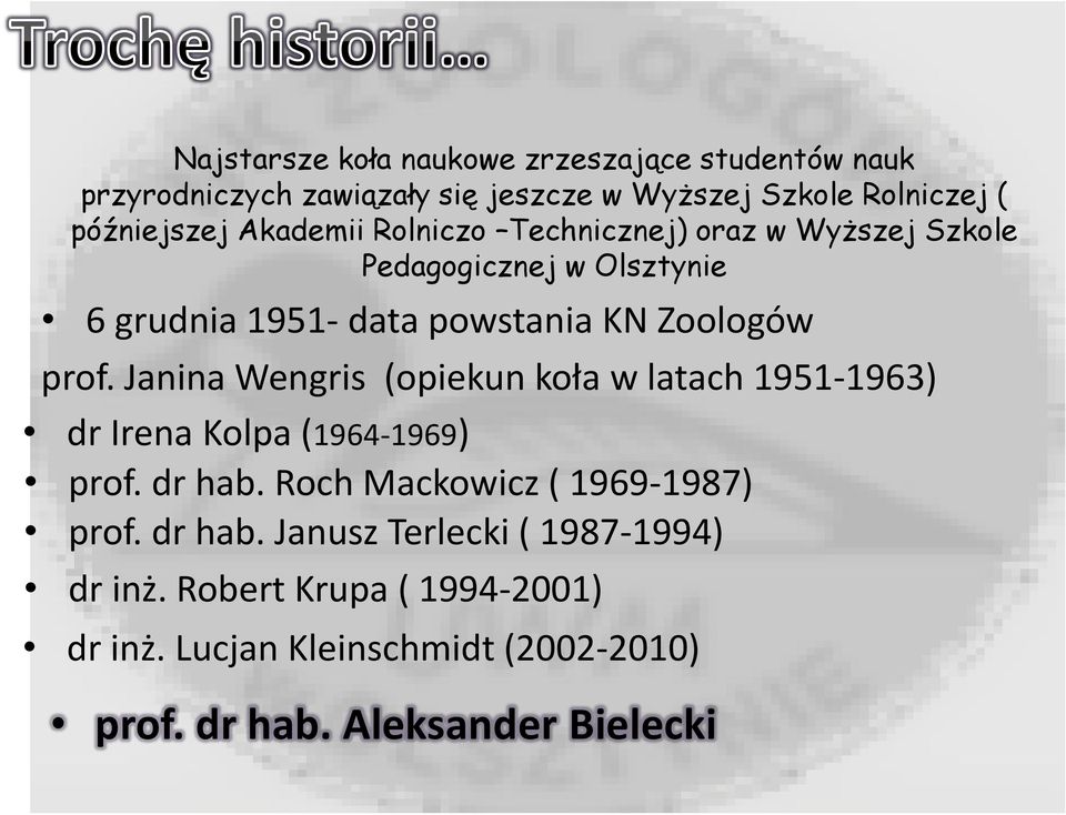 Janina Wengris (opiekun koła w latach 1951-1963) dr Irena Kolpa (1964-1969) prof. dr hab. Roch Mackowicz ( 1969-1987) prof. dr hab. Janusz Terlecki ( 1987-1994) dr inż.