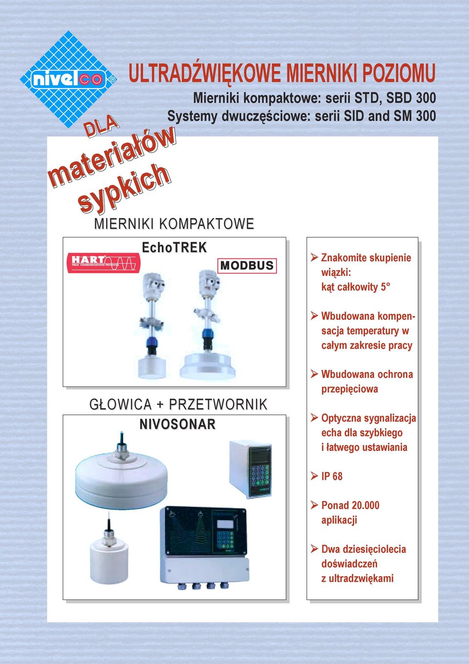 Wbudowana kompensacja temperatury w całym zakresie pracy GŁOWICA + PRZETWORNIK NIVOSONAR! Wbudowana ochrona przepięciowa!