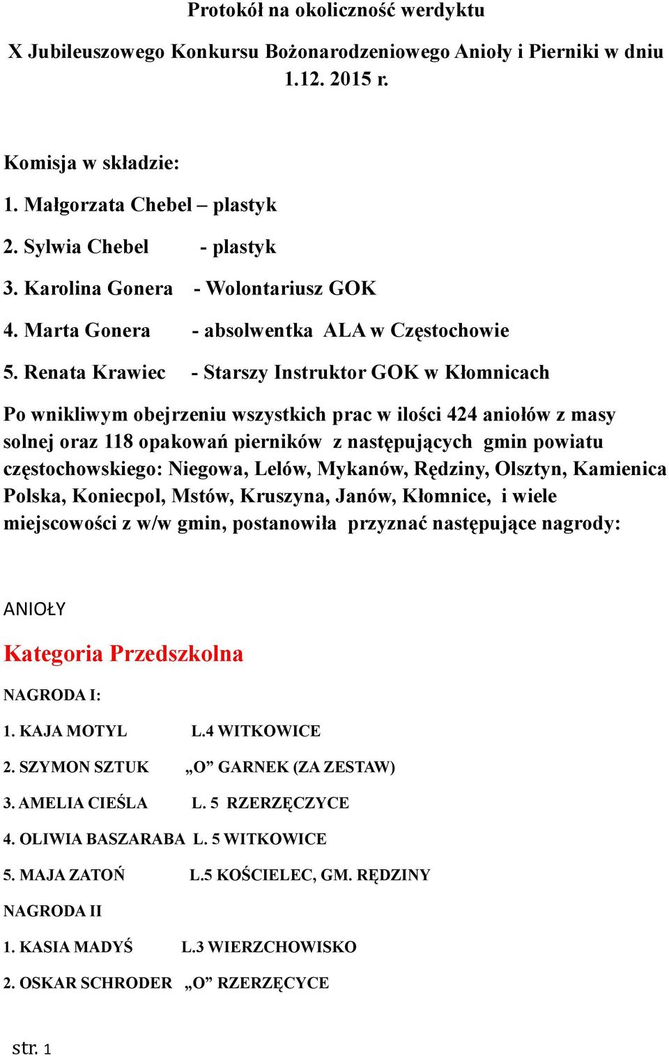 Renata Krawiec - Starszy Instruktor GOK w Kłomnicach Po wnikliwym obejrzeniu wszystkich prac w ilości 424 aniołów z masy solnej oraz 118 opakowań pierników z następujących gmin powiatu