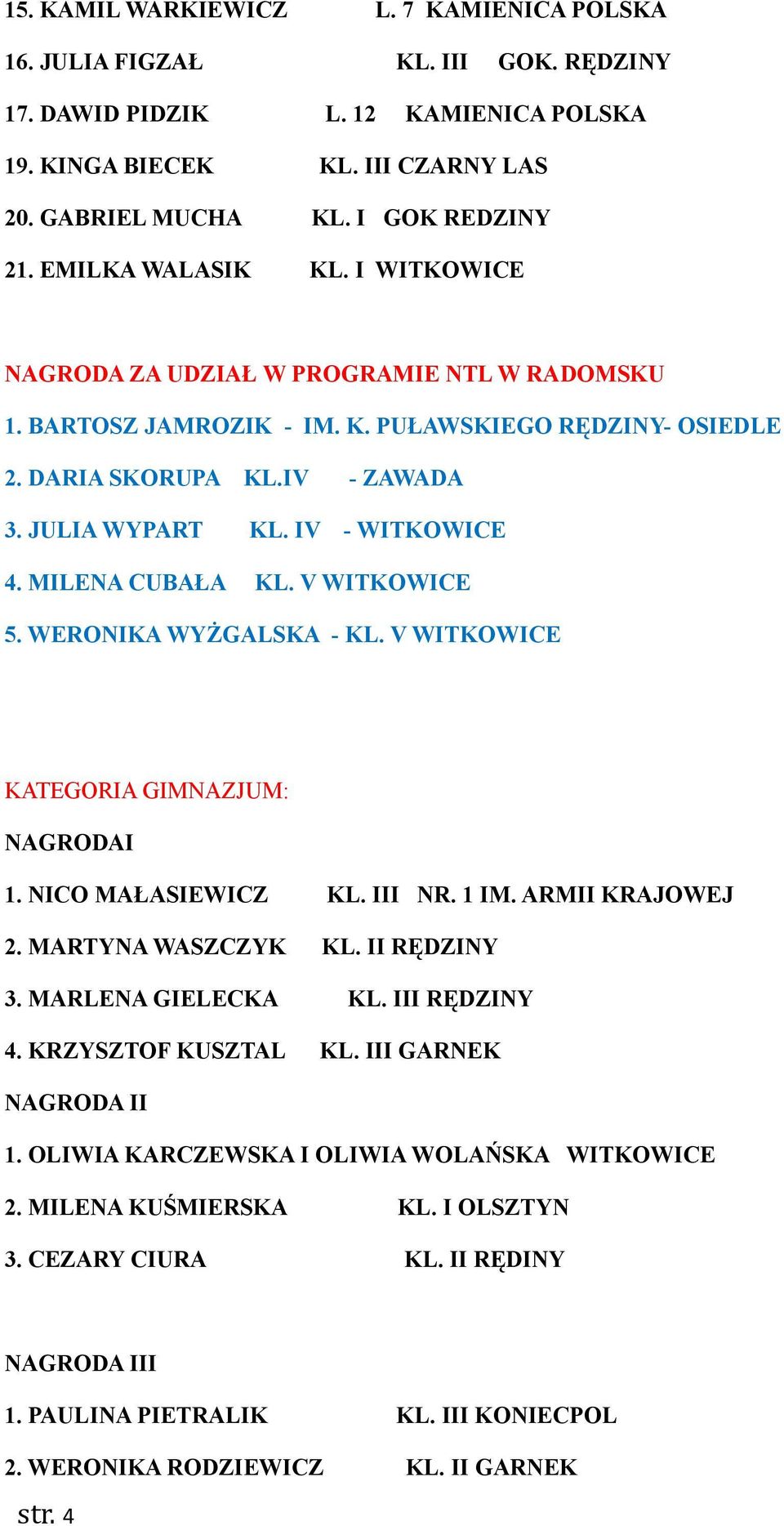 IV - WITKOWICE 4. MILENA CUBAŁA KL. V WITKOWICE 5. WERONIKA WYŻGALSKA - KL. V WITKOWICE KATEGORIA GIMNAZJUM: NAGRODAI 1. NICO MAŁASIEWICZ KL. III NR. 1 IM. ARMII KRAJOWEJ 2. MARTYNA WASZCZYK KL.