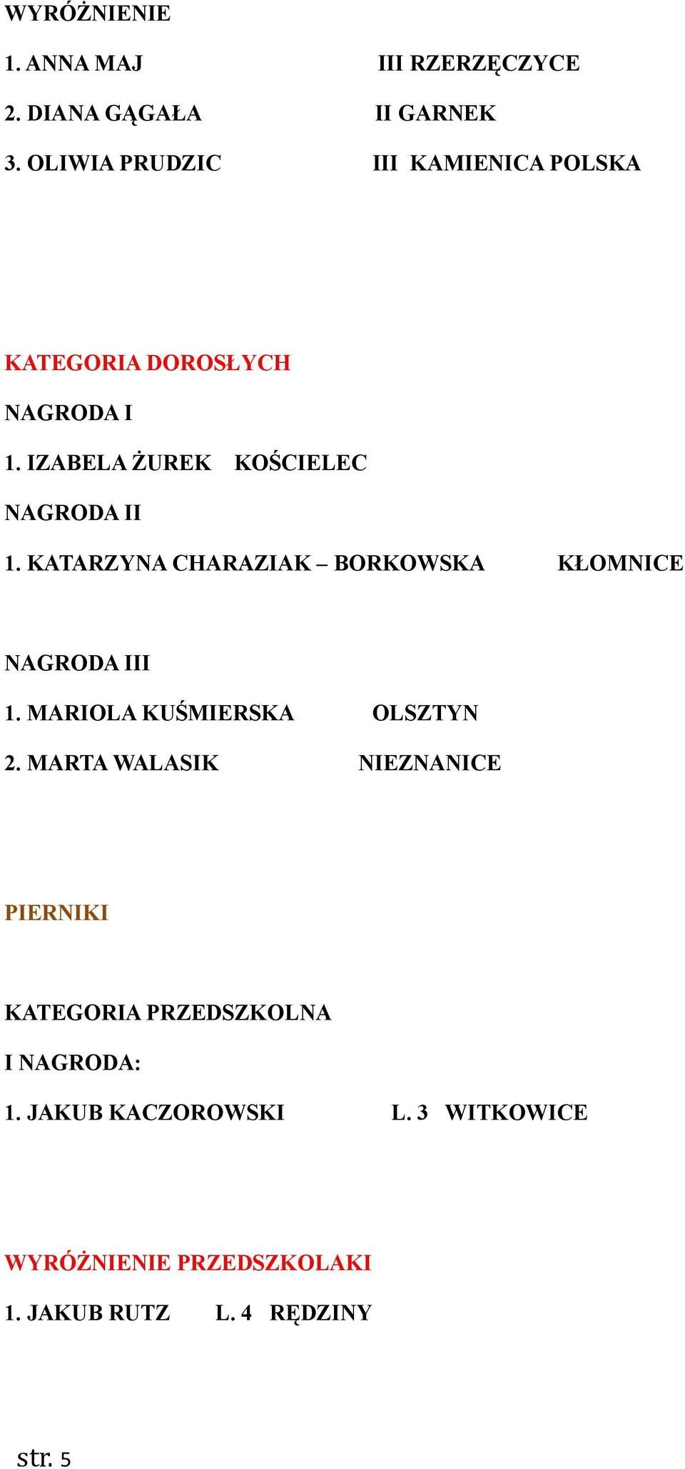 KATARZYNA CHARAZIAK BORKOWSKA KŁOMNICE NAGRODA III 1. MARIOLA KUŚMIERSKA OLSZTYN 2.