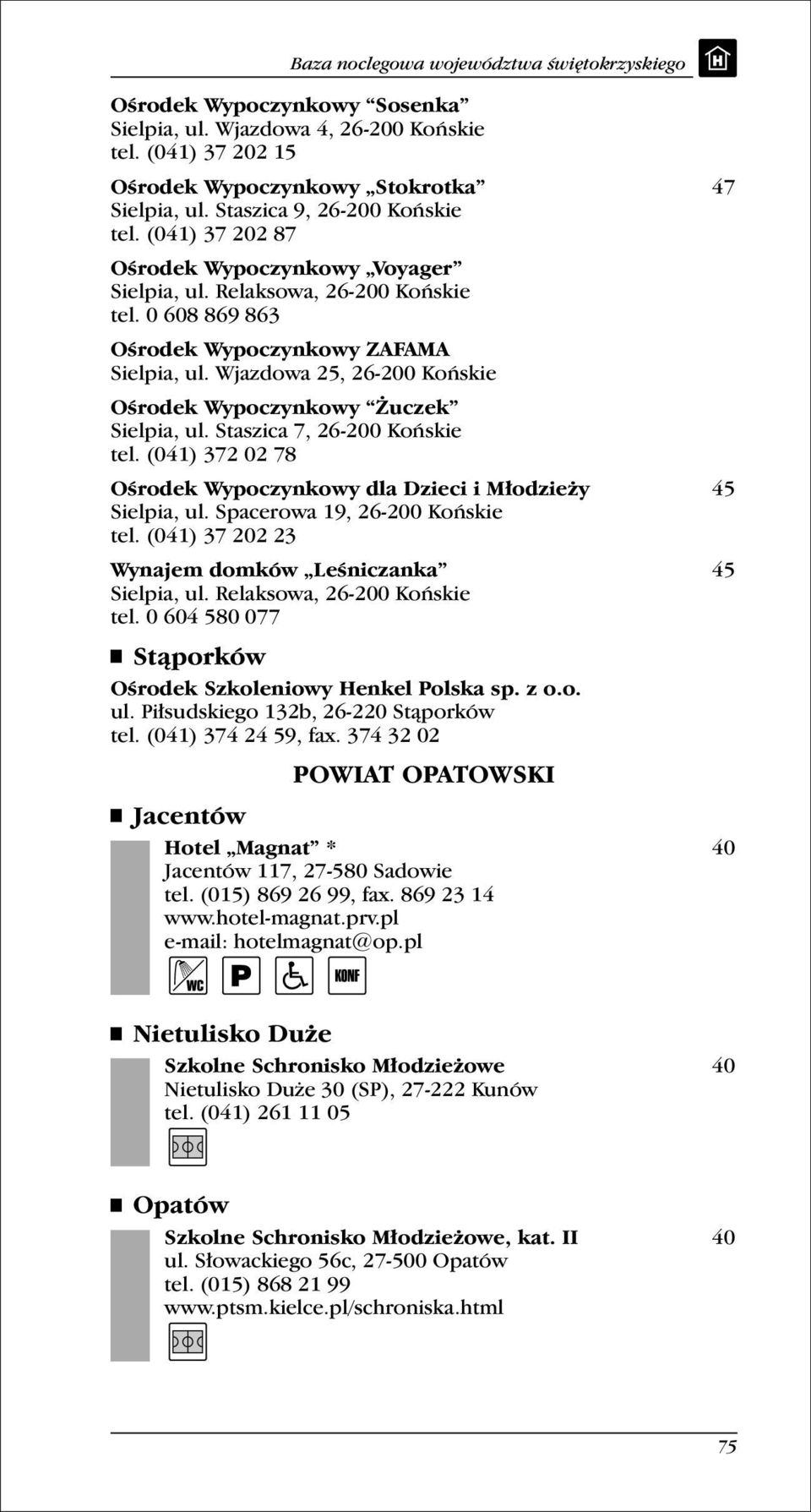 Wjazdowa 25, 26-200 Końskie Ośrodek Wypoczynkowy uczek Sielpia, ul. Staszica 7, 26-200 Końskie tel. (041) 372 02 78 Ośrodek Wypoczynkowy dla Dzieci i Młodzie y 45 Sielpia, ul.