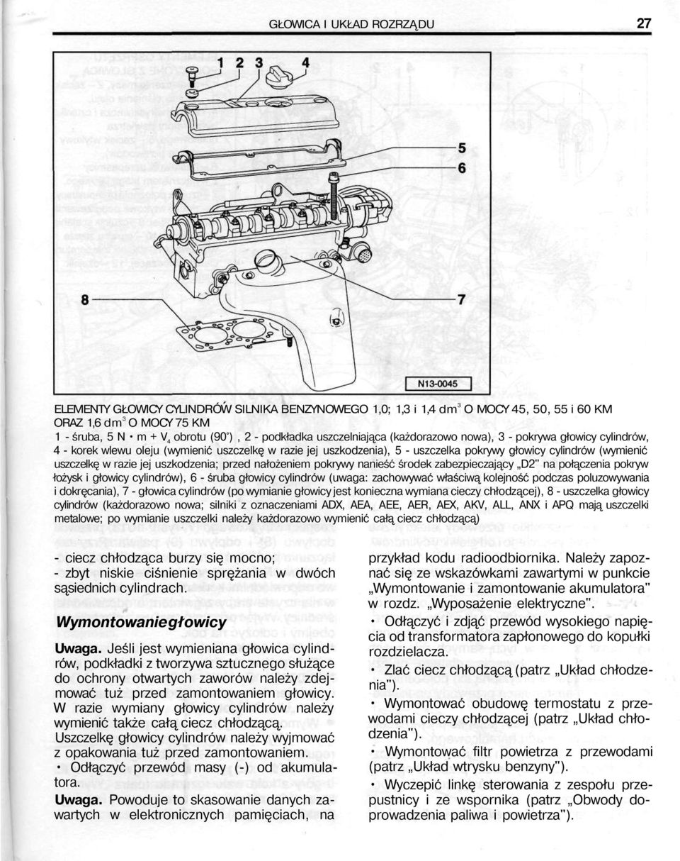 razie jej uszkodzenia; przed nałożeniem pokrywy nanieść środek zabezpieczający D2" na połączenia pokryw łożysk i głowicy cylindrów), 6 - śruba głowicy cylindrów (uwaga: zachowywać właściwą kolejność