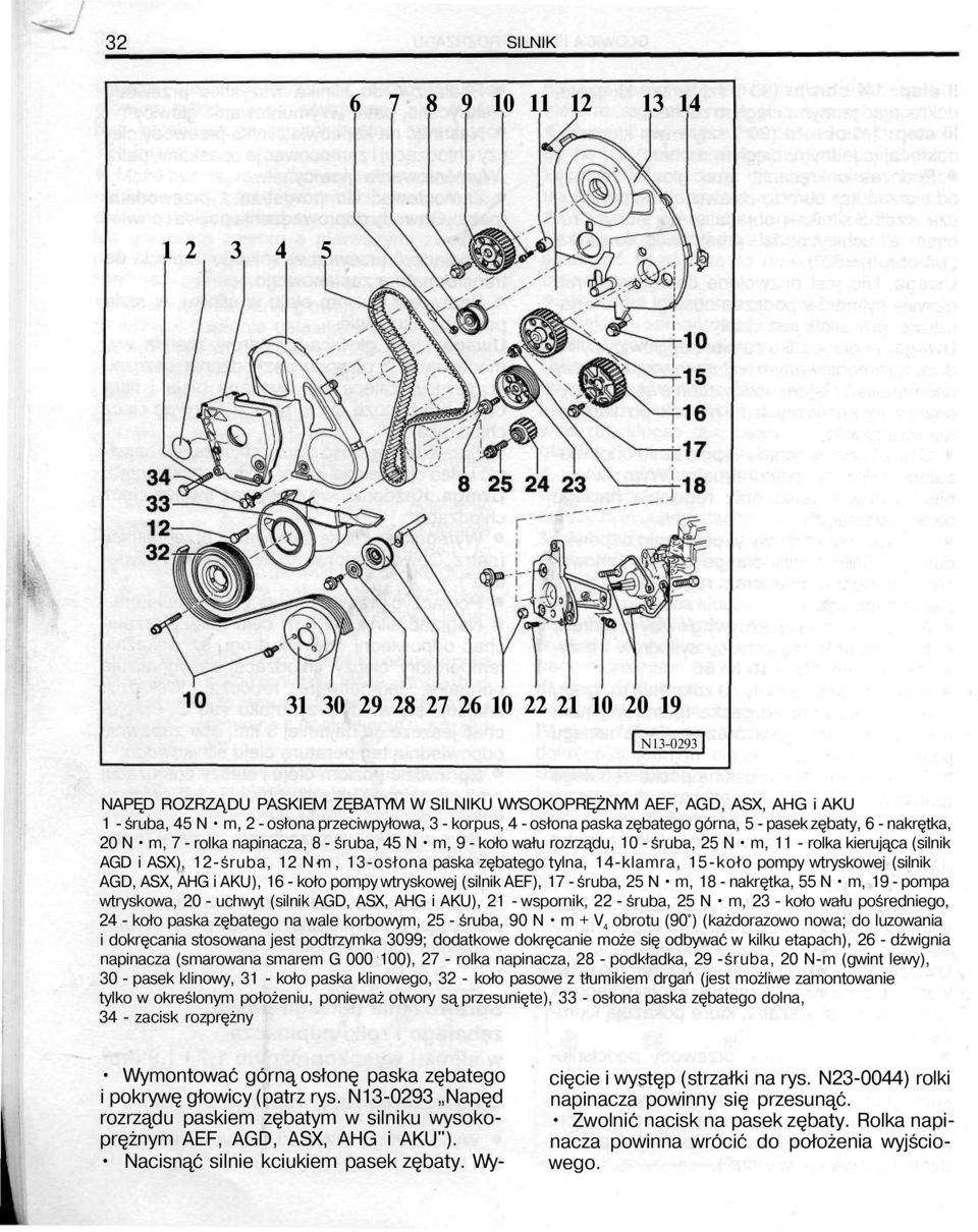 kierująca (silnik AGD i ASX), 12-śruba, 12 Nm, 13-osłona paska zębatego tylna, 14-klamra, 15-koło pompy wtryskowej (silnik AGD, ASX, AHG i AKU), 16 - koło pompy wtryskowej (silnik AEF), 17 - śruba,