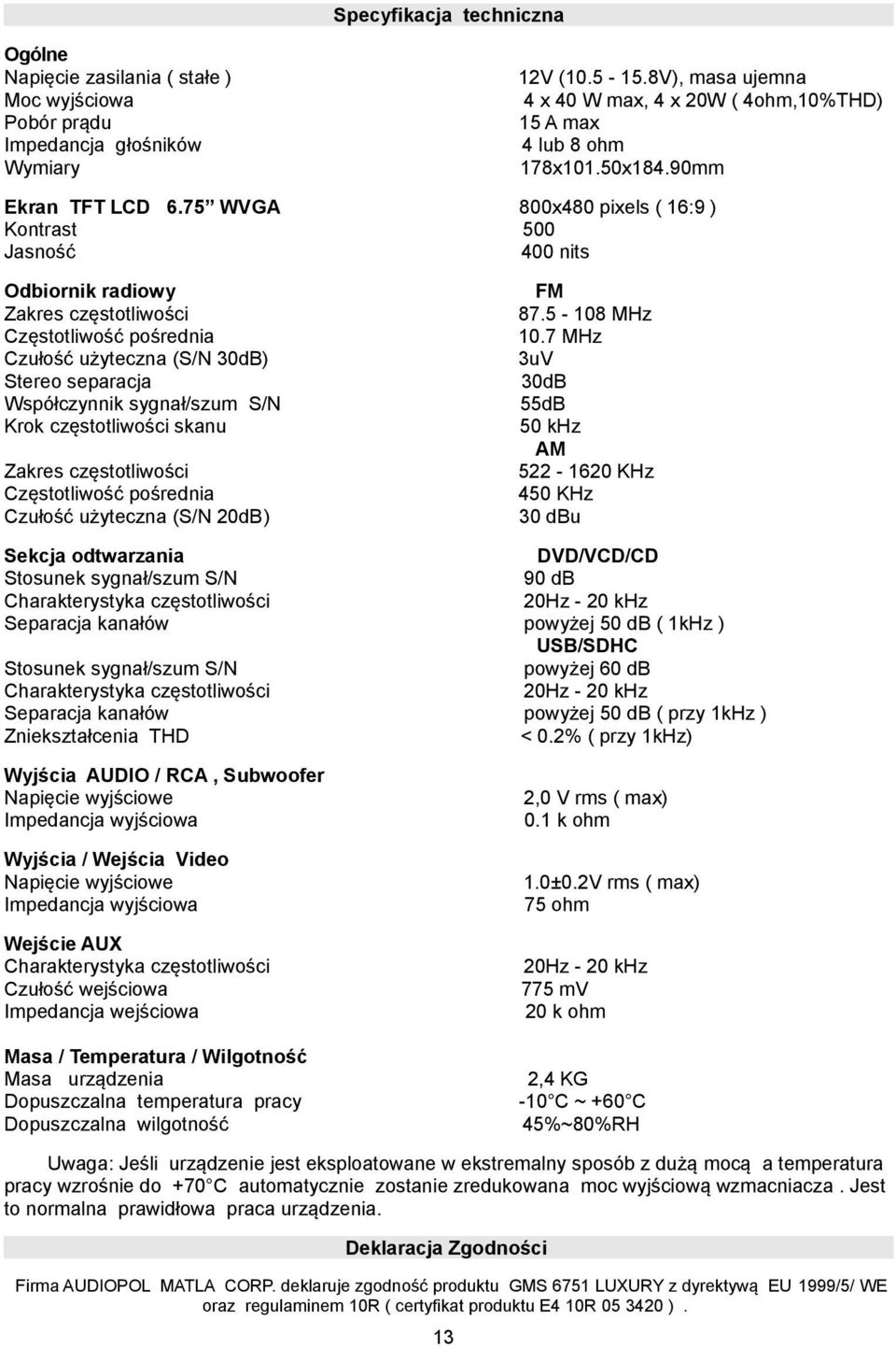 75 WVGA Kontrast Jasność 800x480 pixels ( 16:9 ) 500 400 nits Odbiornik radiowy Zakres częstotliwości Częstotliwość pośrednia Czułość użyteczna (S/N 30dB) Stereo separacja Współczynnik sygnał/szum