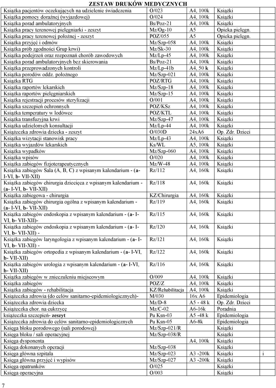 Książka przyjęć i odmów Mz/Szp-058 A4, 100k Książki Książka prób zgodności Grup krwi) Mz/Sk-30 A4, 100k Książki Książka podejrzeń oraz rozpoznań chorób zawodowych Mz/Lp-45 A4, 100k Książki Książka