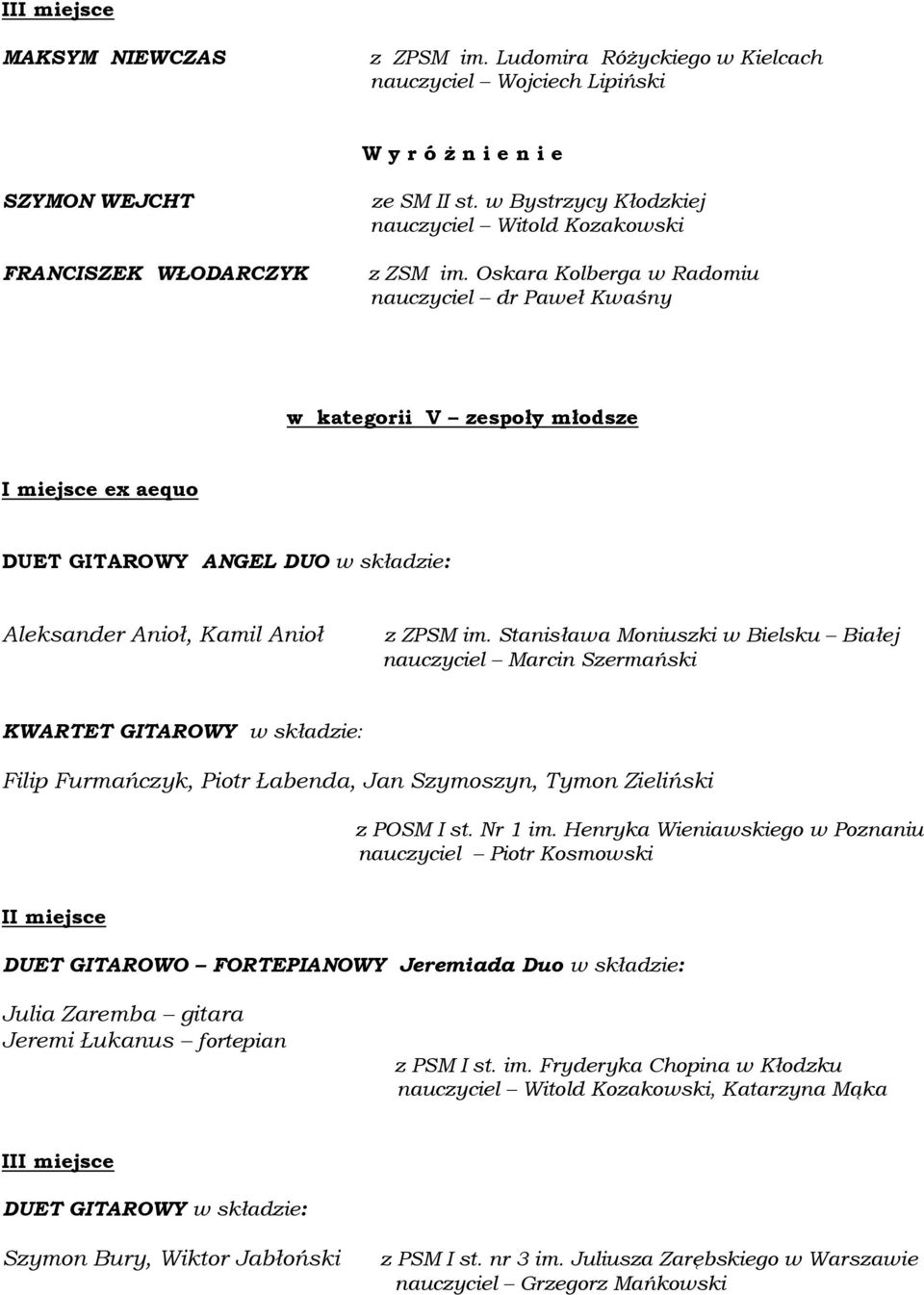 Oskara Kolberga w Radomiu nauczyciel dr Paweł Kwaśny w kategorii V zespoły młodsze ex aequo DUET GITAROWY ANGEL DUO w składzie: Aleksander Anioł, Kamil Anioł nauczyciel Marcin Szermański KWARTET