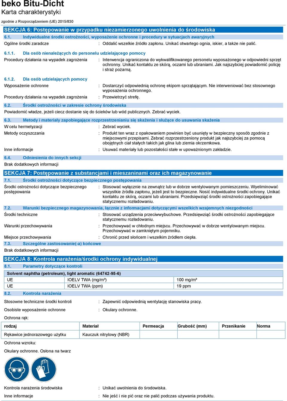 1. Dla osób nienależących do personelu udzielającego pomocy Procedury działania na wypadek zagrożenia : Oddalić wszelkie źródło zapłonu. Unikać otwartego ognia, iskier, a także nie palić.