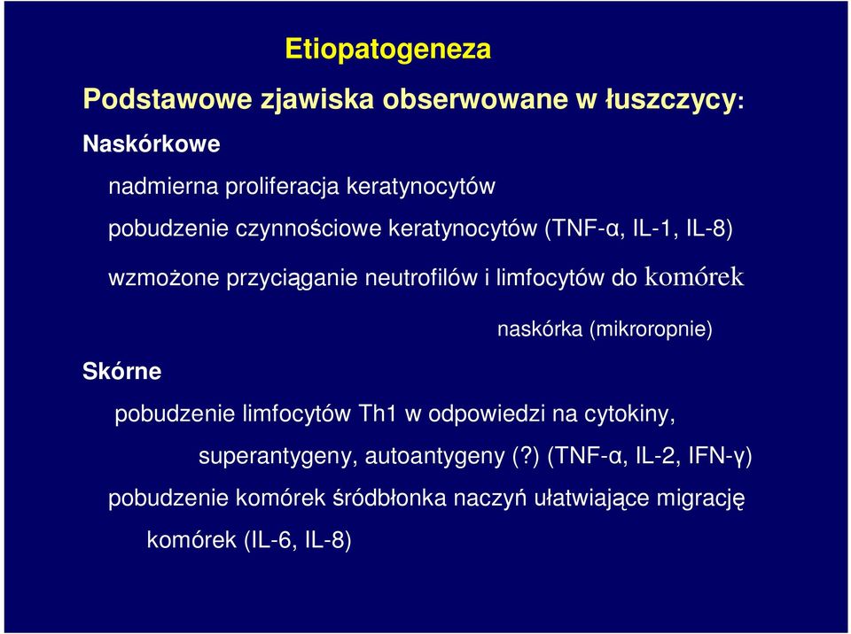 komórek naskórka (mikroropnie) Skórne pobudzenie limfocytów Th1 w odpowiedzi na cytokiny, superantygeny,